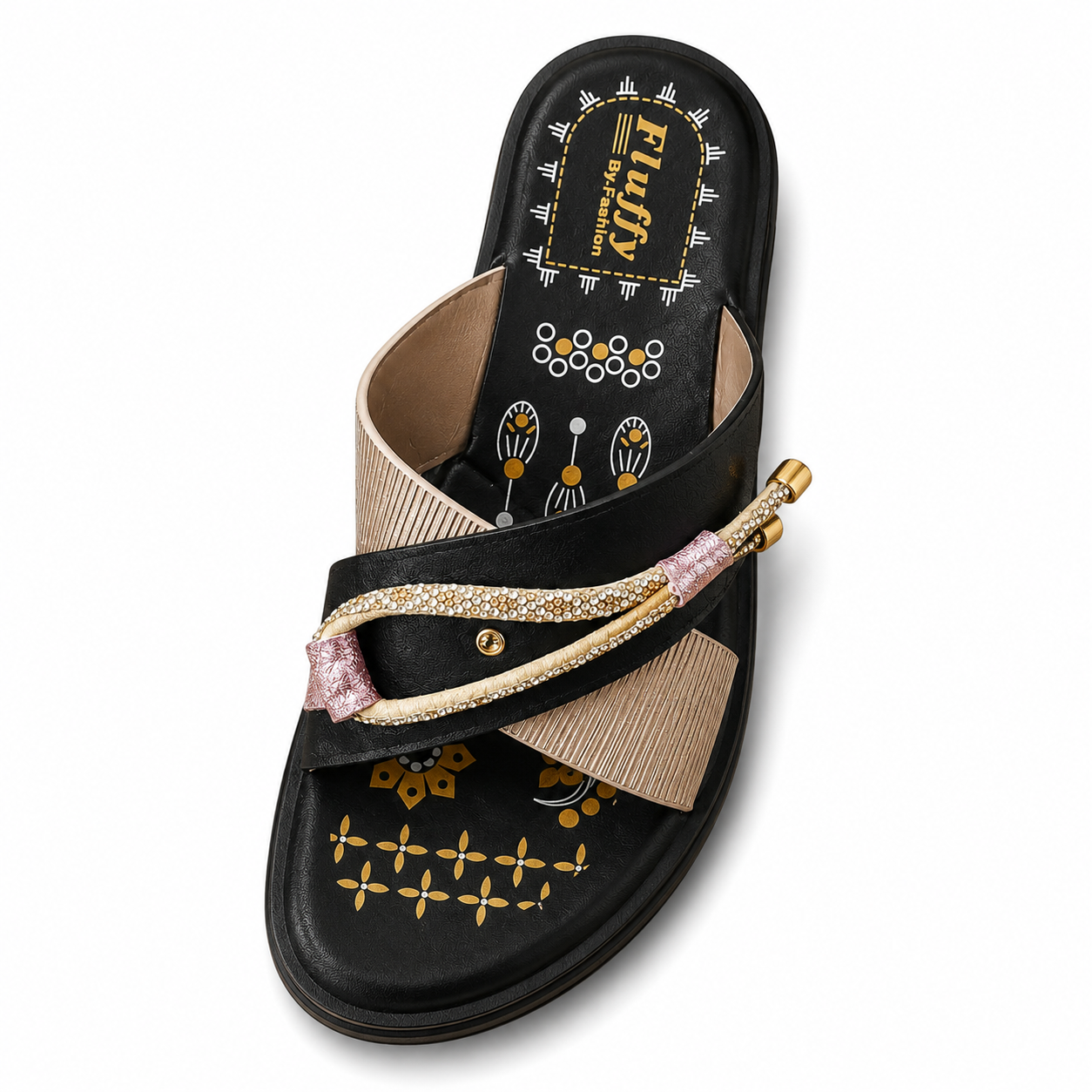 Fluffy By Fashion Women's Stylish Cross Strap Comfort Sandals - Black & Beige