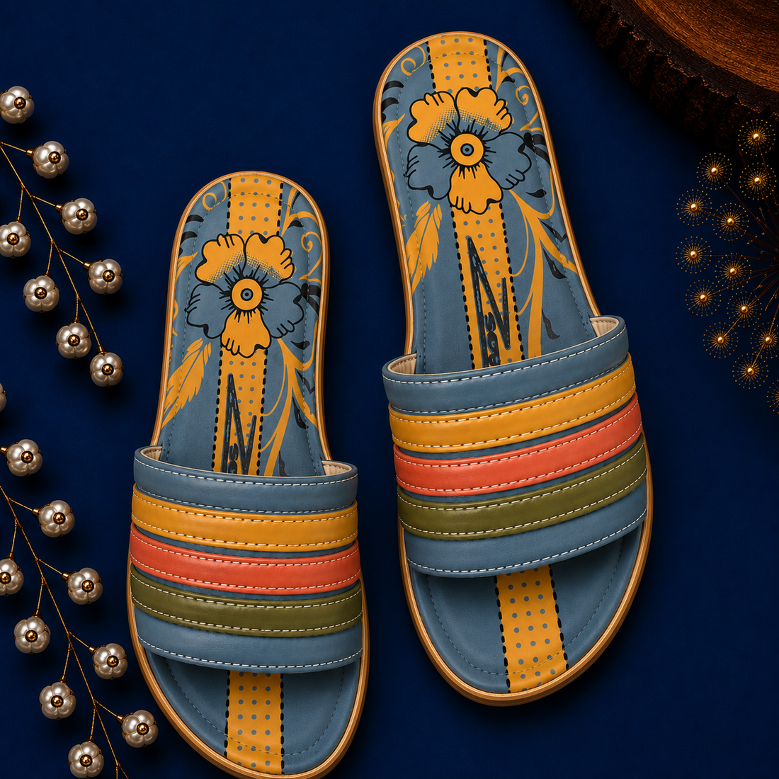 Women's Multicolor Stripe Comfort Slide Sandals - Blue