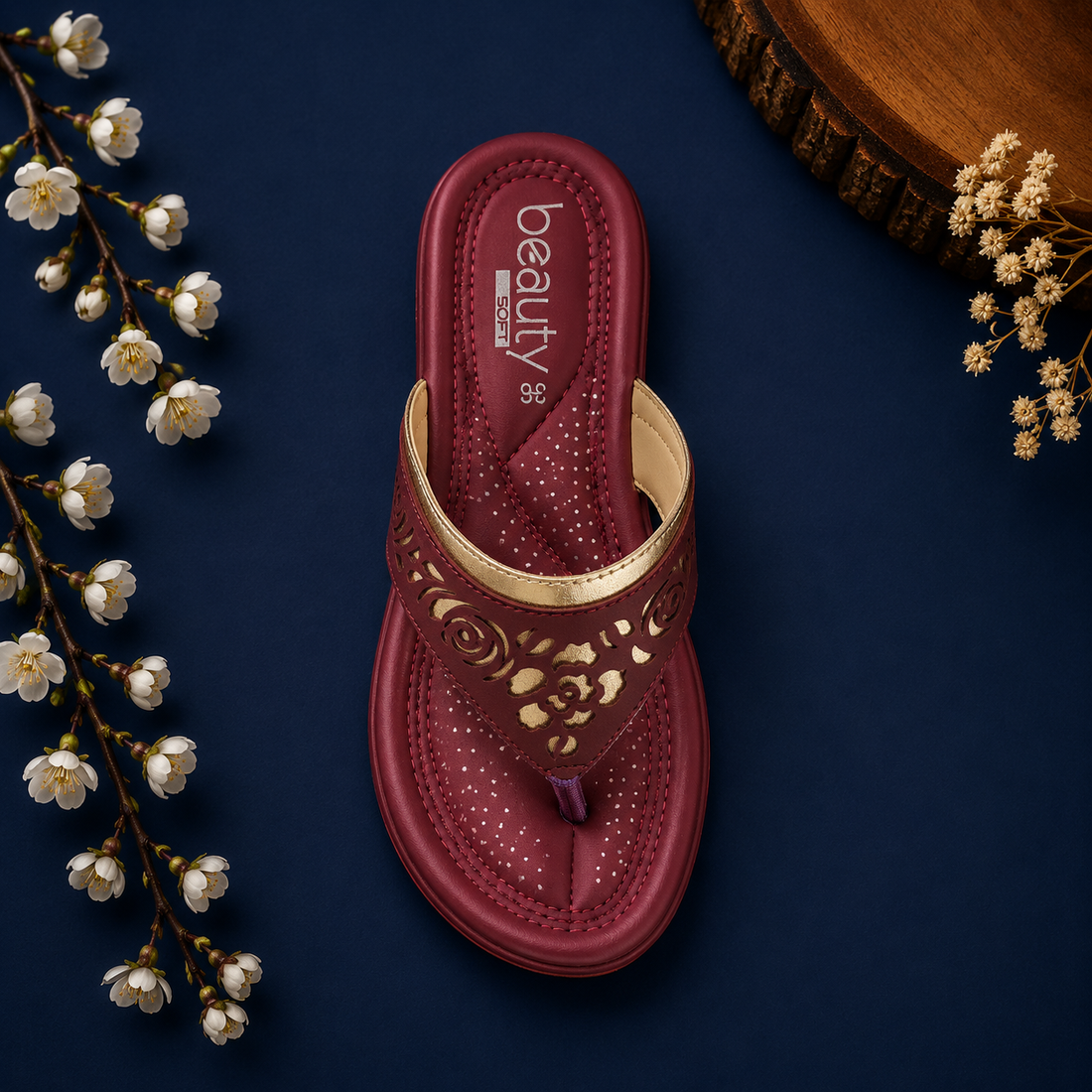 Beauty Soft Women's Floral Cutwork Toe Ring Sandals - Maroon