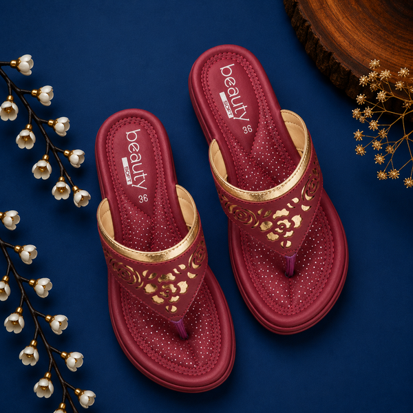 Beauty Soft Women's Floral Cutwork Toe Ring Sandals - Maroon