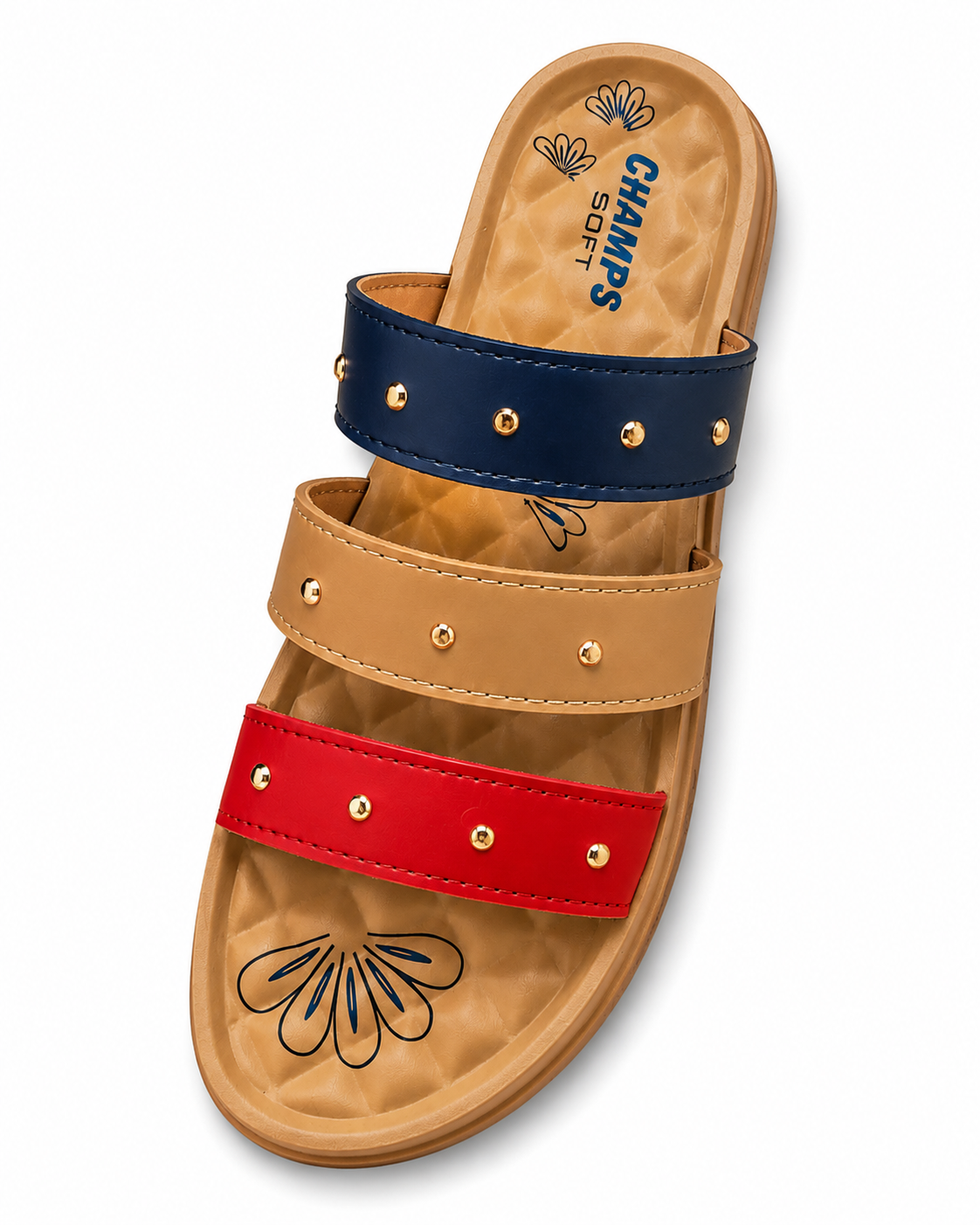 Champs Soft Women's Triple Strap Studded Comfort Slides - Multicolor