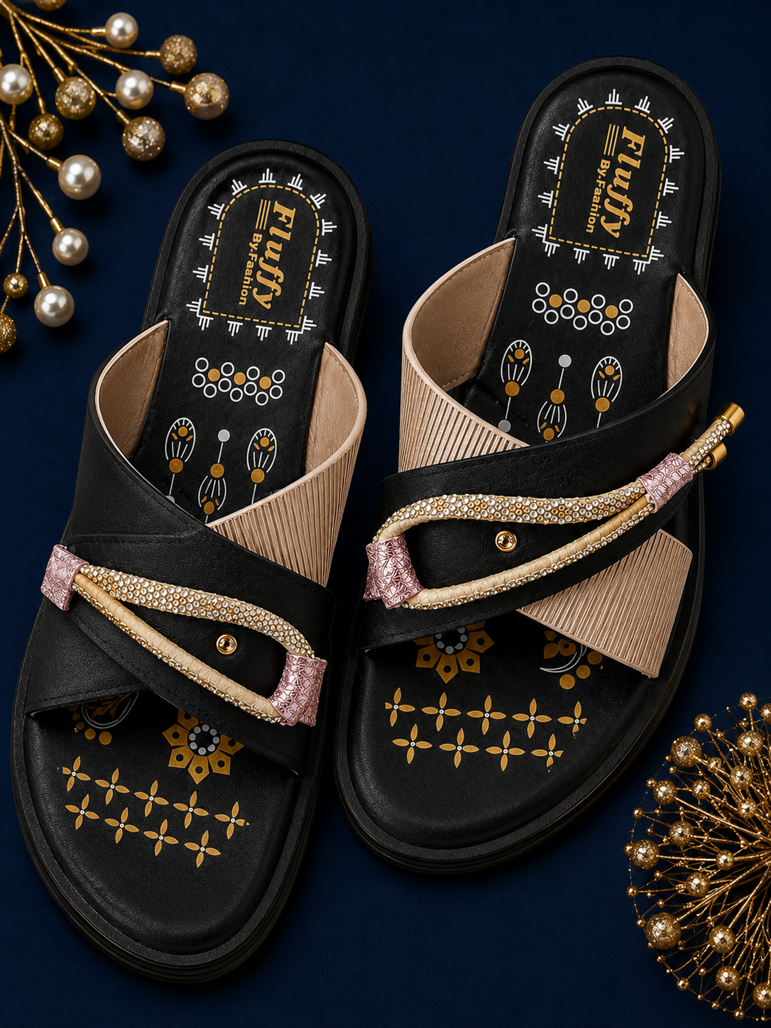 Fluffy By Fashion Women's Stylish Cross Strap Comfort Sandals - Black & Beige