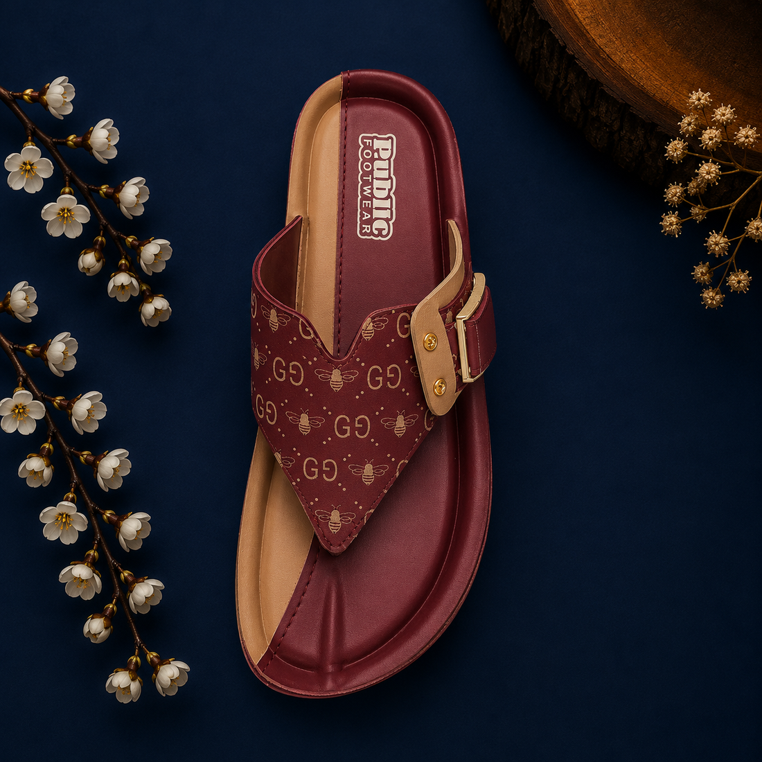 Public Footwear Women's Printed Buckle Toe Ring Sandals - Maroon