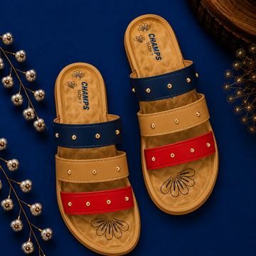 Champs Soft Women's Triple Strap Studded Comfort Slides - Multicolor