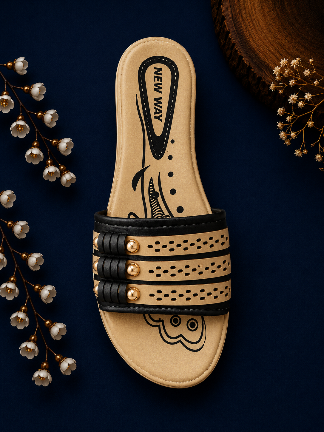 New Way Women's Perforated Studded Comfort Slide Sandals - Beige & Black