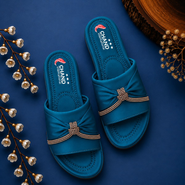 CHAND International Women's Elegant Bow Slide Sandals - Teal