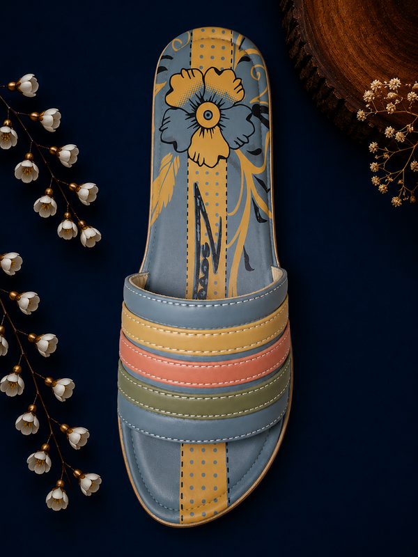 Women's Multicolor Stripe Comfort Slide Sandals - Blue
