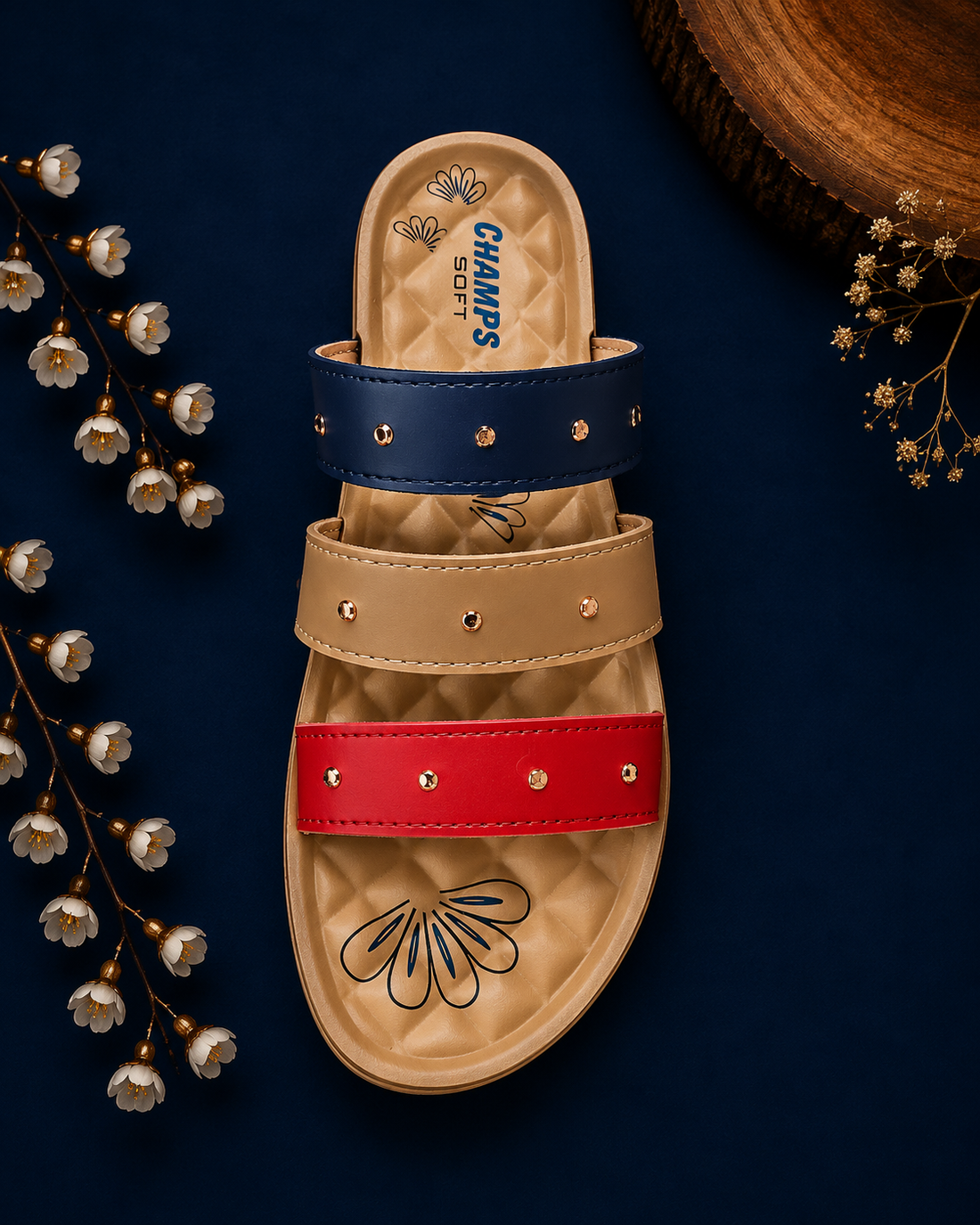 Champs Soft Women's Triple Strap Studded Comfort Slides - Multicolor