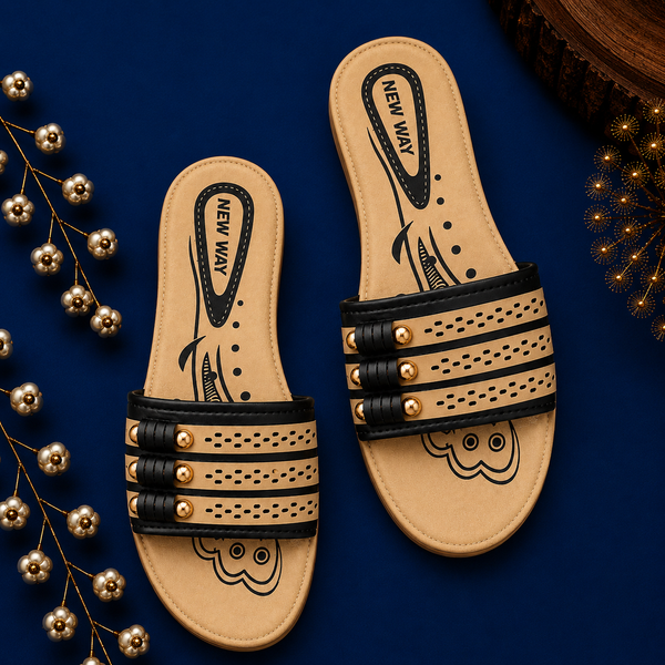 New Way Women's Perforated Studded Comfort Slide Sandals - Beige & Black