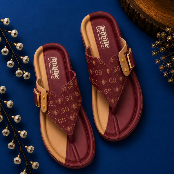Public Footwear Women's Printed Buckle Toe Ring Sandals - Maroon