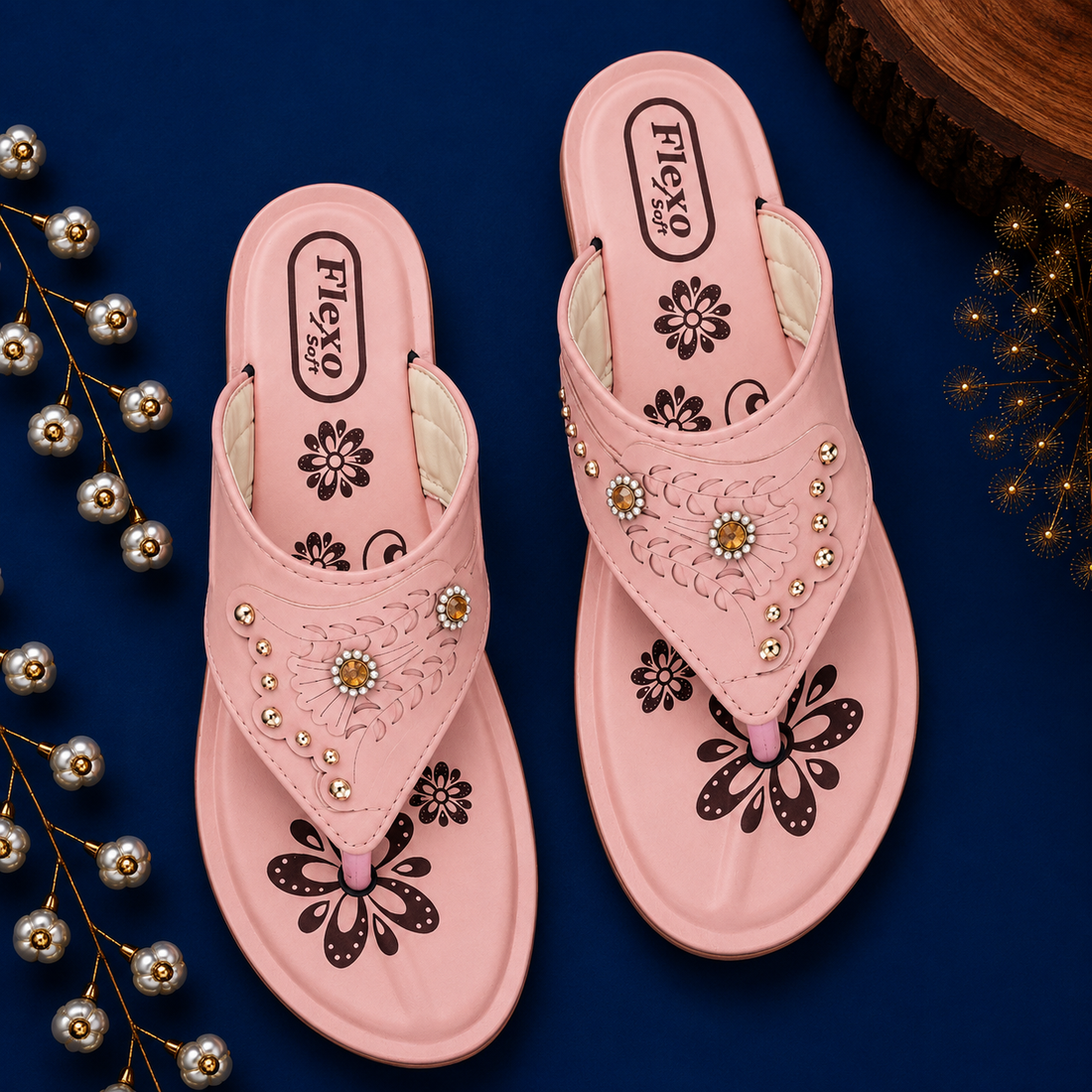 Flexo Soft Women's Embellished Floral Comfort Toe Ring Sandals - Pink