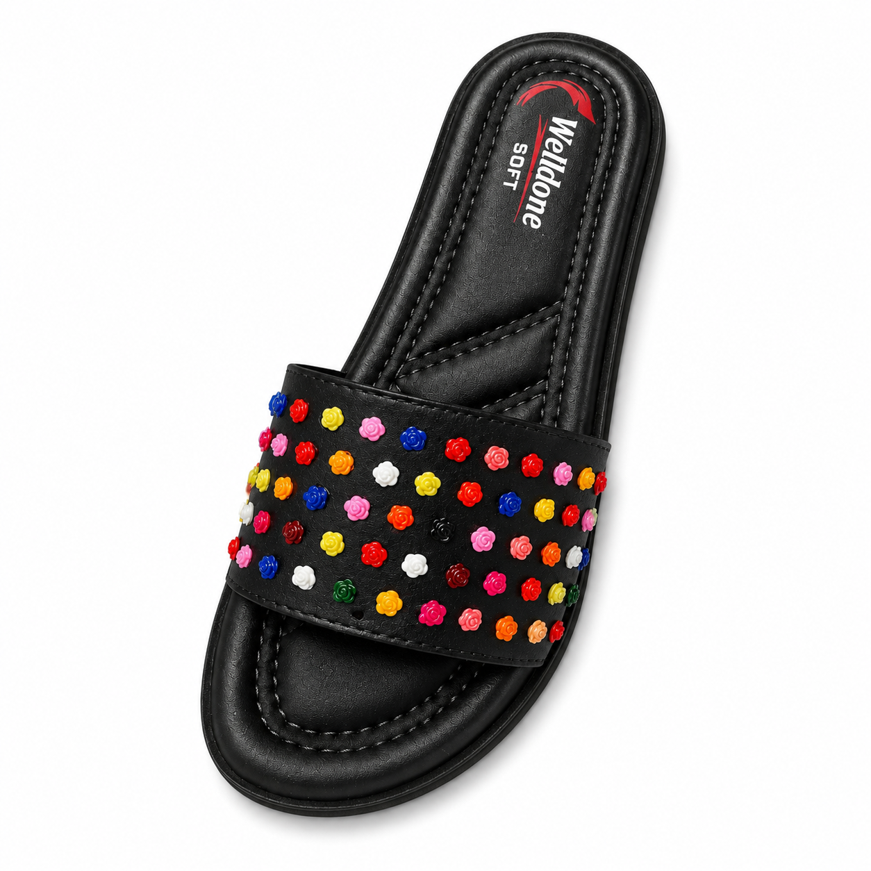 Welldone Soft Women's Floral Studded Comfort Slide Sandals - Black