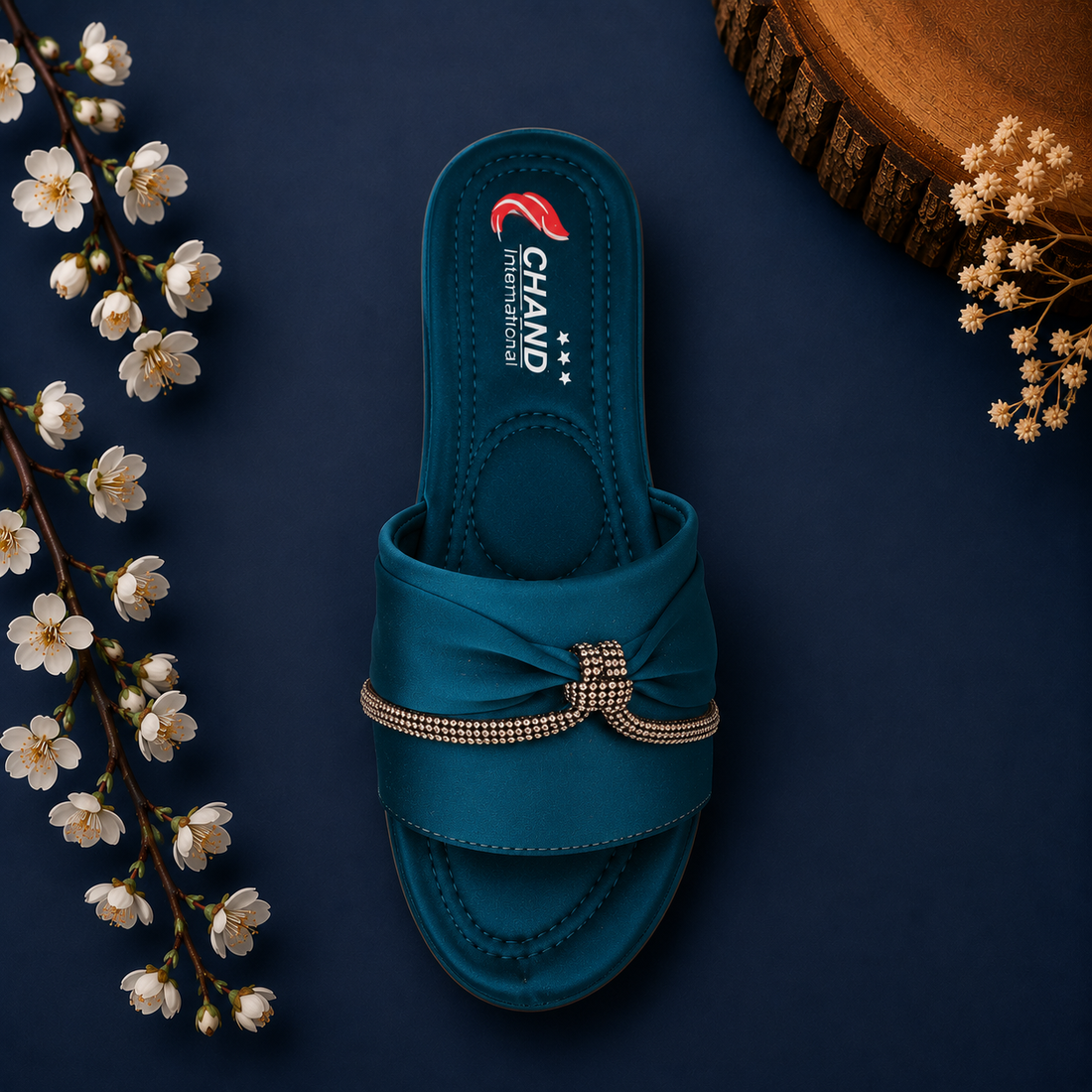 CHAND International Women's Elegant Bow Slide Sandals - Teal