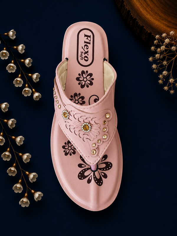 Flexo Soft Women's Embellished Floral Comfort Toe Ring Sandals - Pink