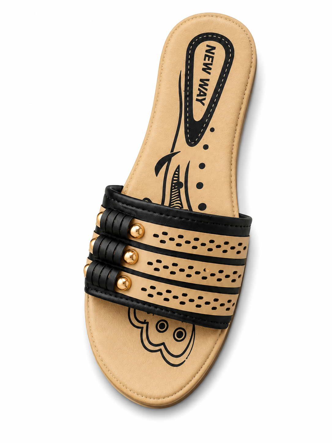 New Way Women's Perforated Studded Comfort Slide Sandals - Beige & Black