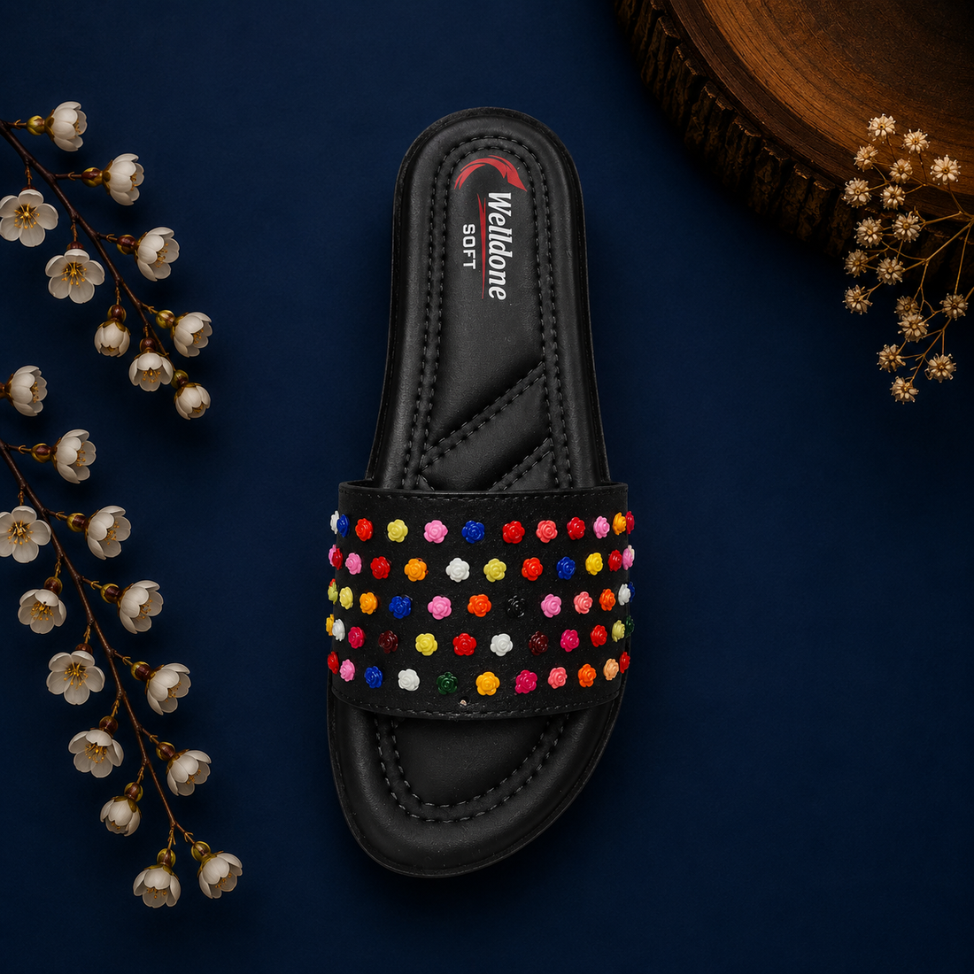 Welldone Soft Women's Floral Studded Comfort Slide Sandals - Black