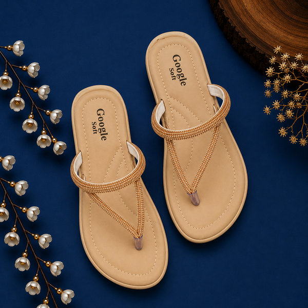 Google Soft Women's Rhinestone Toe Ring Flat Sandals - Beige