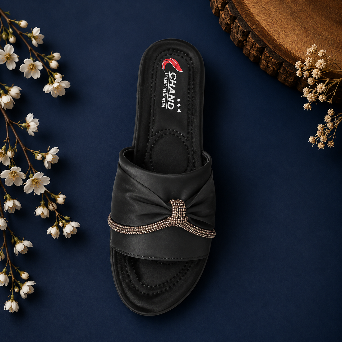 CHAND International Women's Elegant Bow Slide Sandals - Black