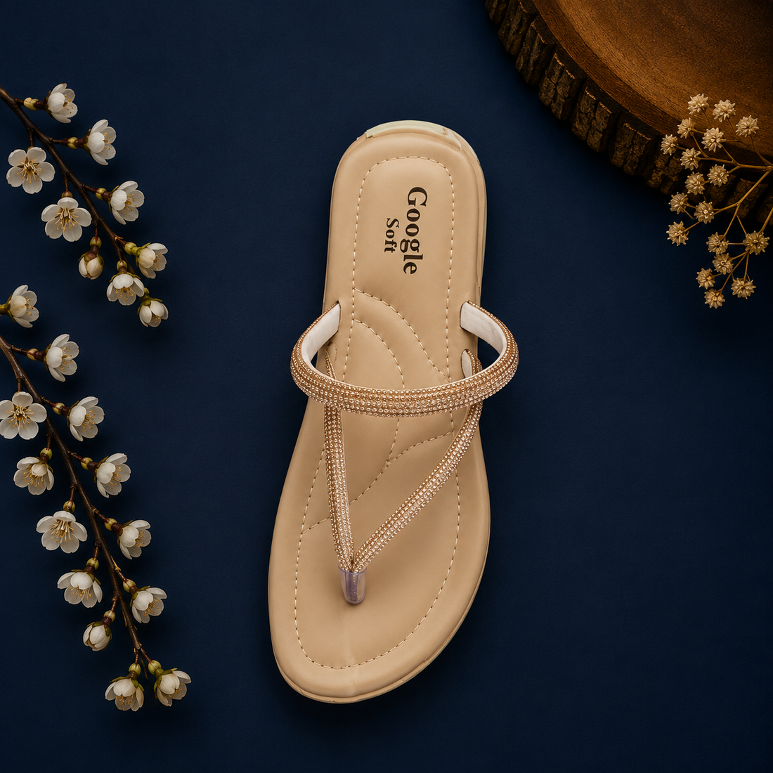 Google Soft Women's Rhinestone Toe Ring Flat Sandals - Beige