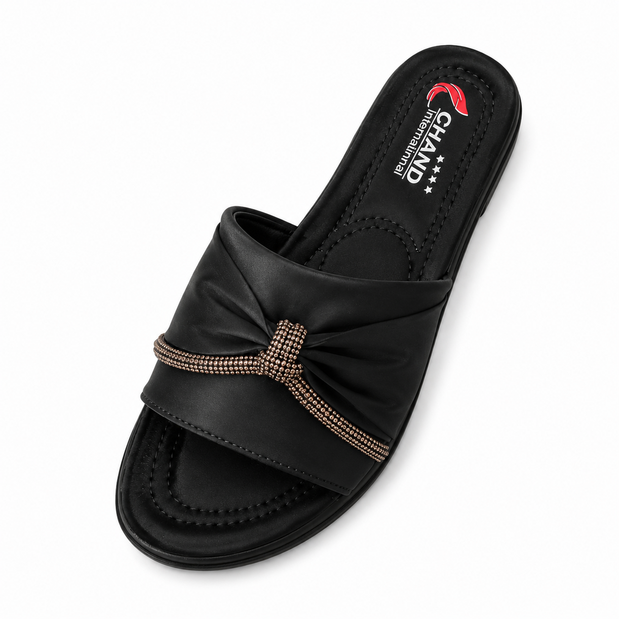 CHAND International Women's Elegant Bow Slide Sandals - Black