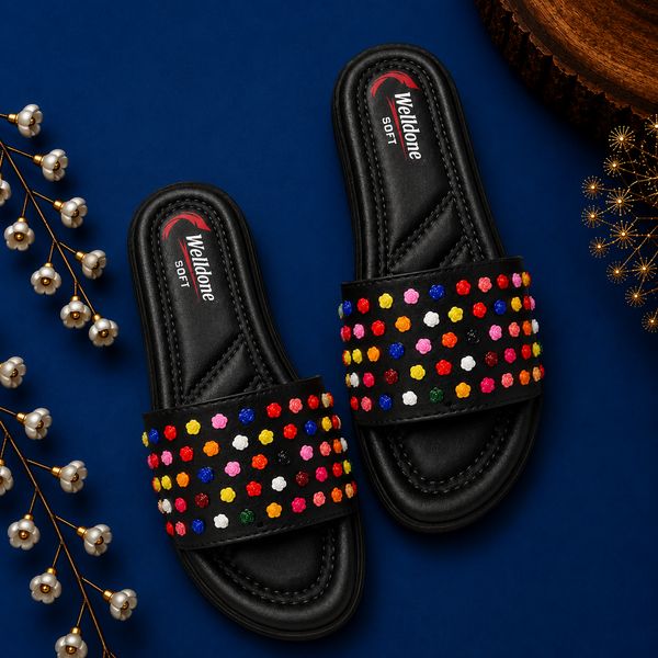 Welldone Soft Women's Floral Studded Comfort Slide Sandals - Black
